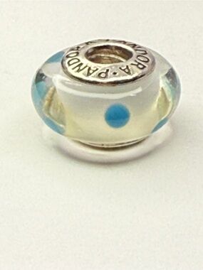 Retired Pandora White Teal Polka Dot Murano Charm 790608 Sterling 924 ALE